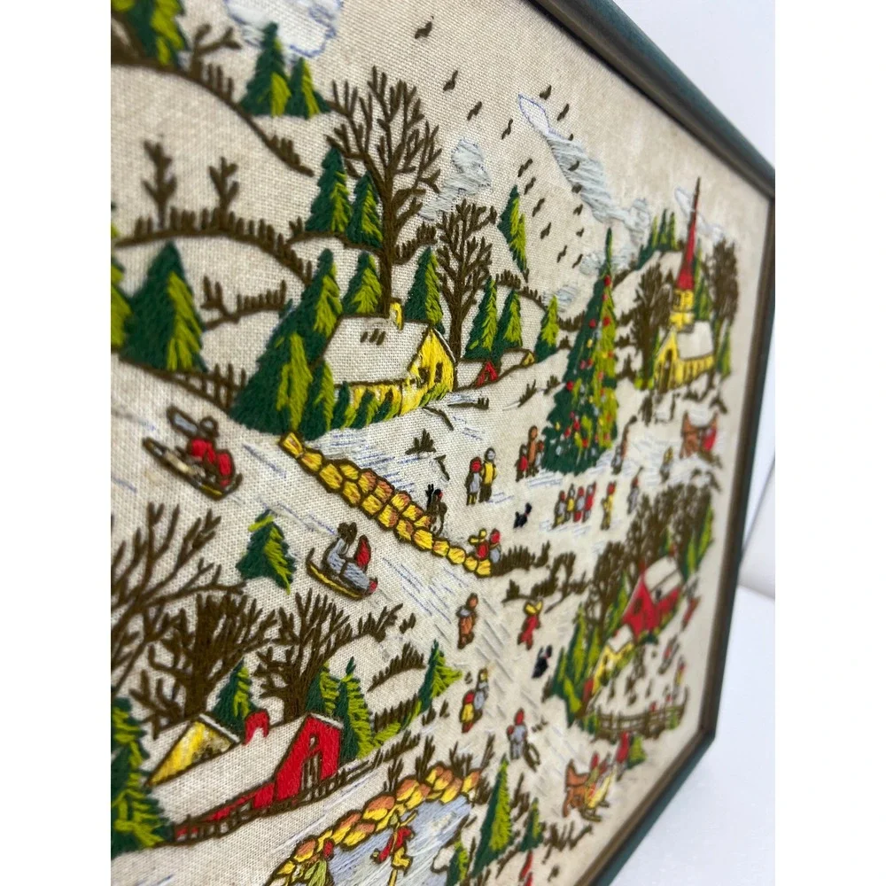 Vintage Framed Crewel Embroidery Winter Village Landscape Wood Frame Grannycore